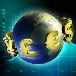 Currency symbols moving around planet Earth. Digital illustration.